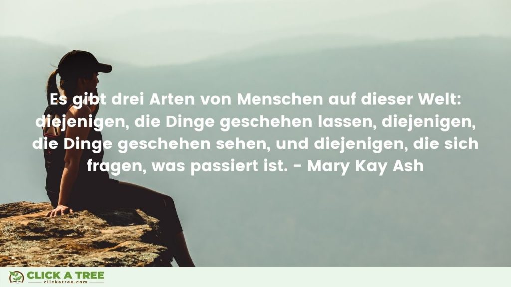 Es gibt drei Arten von Menschen auf dieser Welt diejenigen die Dinge geschehen lassen dijeigen die Dinge geschehen sehen und diejenigen die sich fragen was passiert ist. Mary Kay Ash. Click A Tree