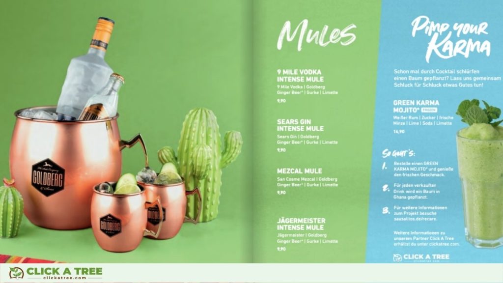 Sausalitos Drinkmenü mit dem baumpflanzenden Karma Cocktail