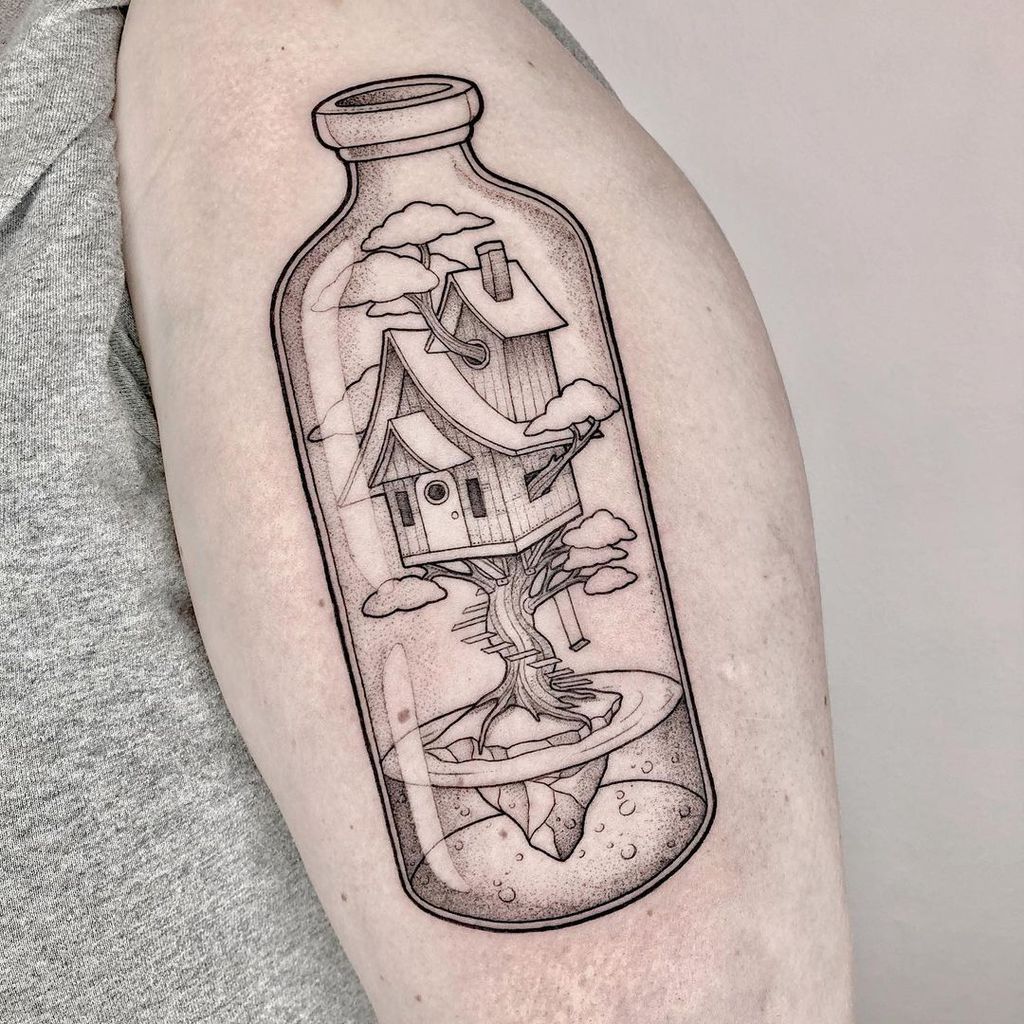 Tree House in Bottle Tattoo by Heidi w Click A Tree